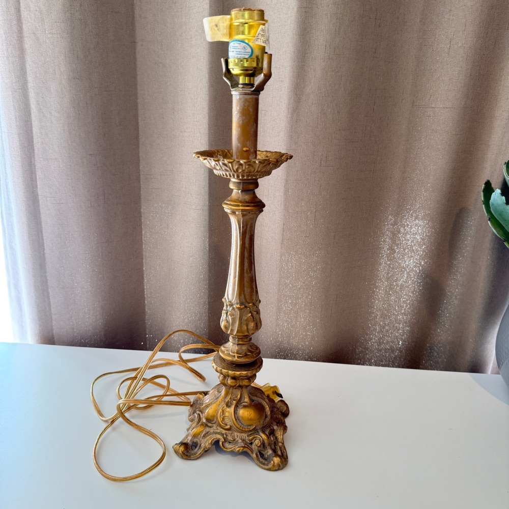 Vintage French Provincial Gold Cast Metal Ornate Candlestick Table Lamp Base
